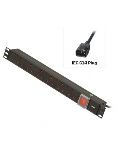 Lindy 1U 6 Way UK Sockets, Horizontal PDU with IEC C14 Cable