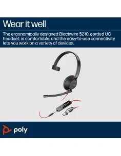 HP Poly Blackwire 5210 Monaural USB-C Headset +3.5mm Plug +USB-C/A