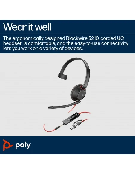 HP Poly Blackwire 5210 Monaural USB-C Headset +3.5mm Plug +USB-C/A