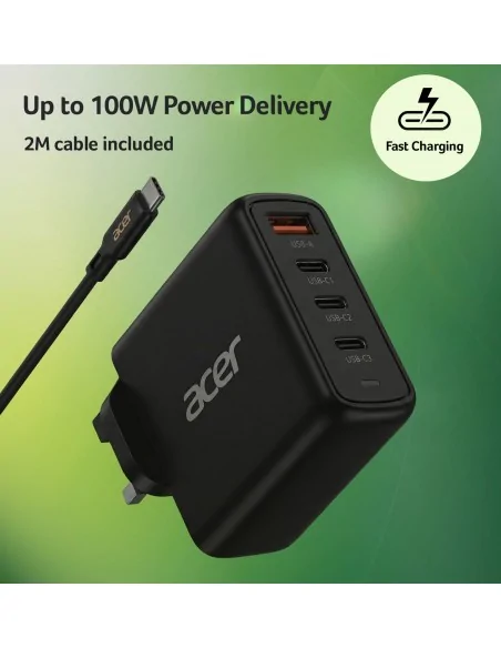 Acer 100W PD Charger, USB Port: 3C+1A, UK Plug, 100W USB-C Cable