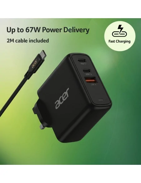 Acer 67W PD Charger, USB Port: 2C+1A, UK Plug, 100W USB-C Cable, Black