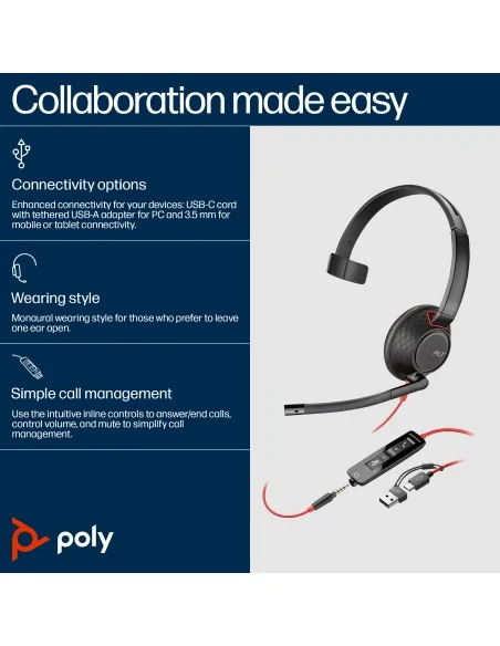 Blackwire 5210 Monaural USB-C Headset +3.5mm Plug +USB-C/A Adapter (Bulk)