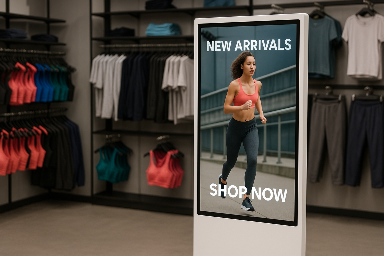Allsee freestanding Android 4K digital signage totem in activewear retail store