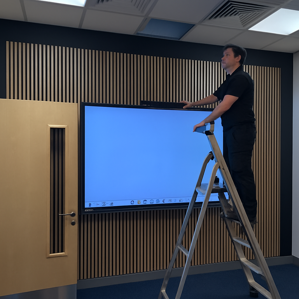 AV engineer installing interactive display and video bar in corporate meeting room with acoustic wood-slat panelling